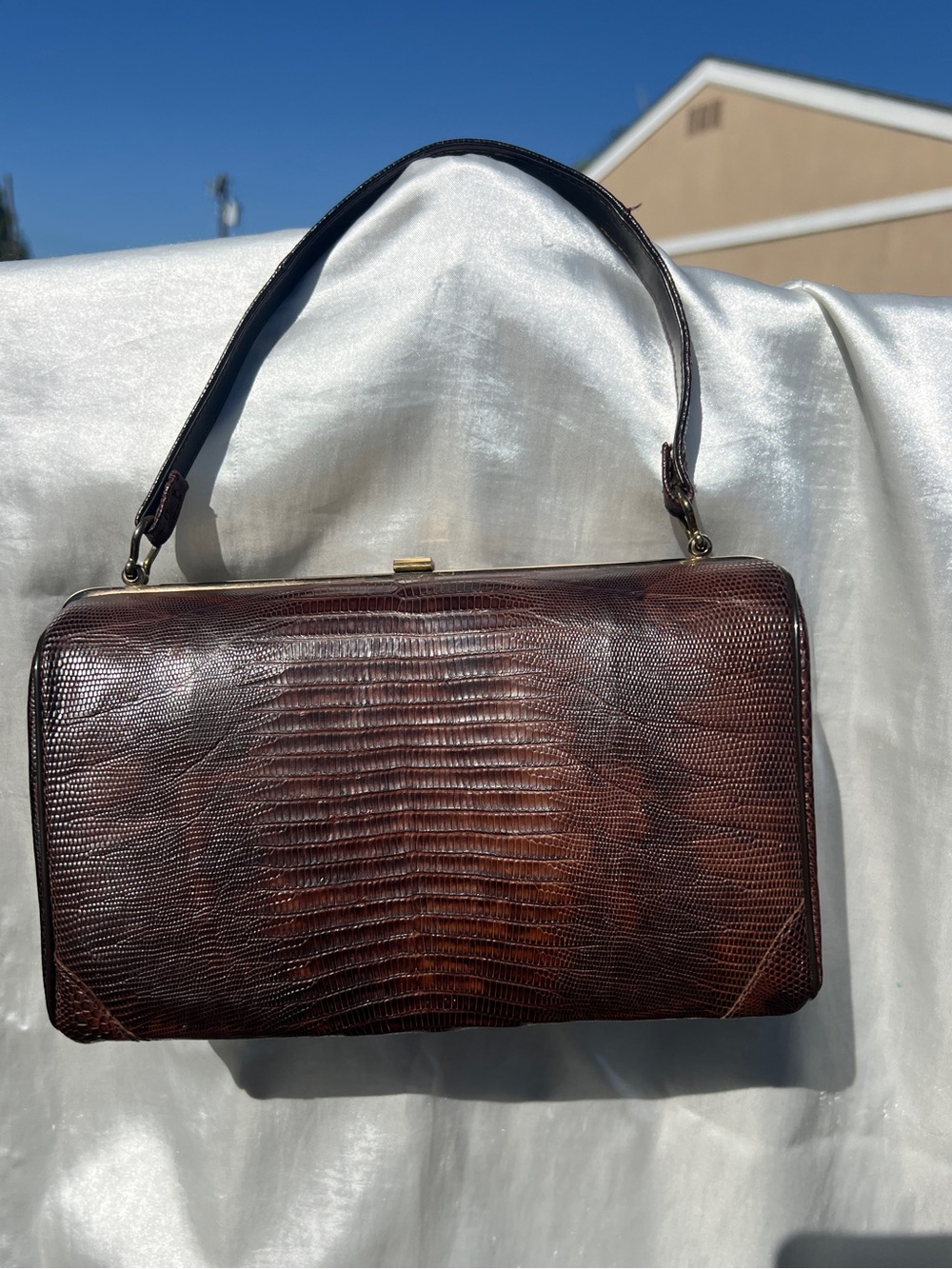 vintage structured brown reptile-skin top-handle handbag